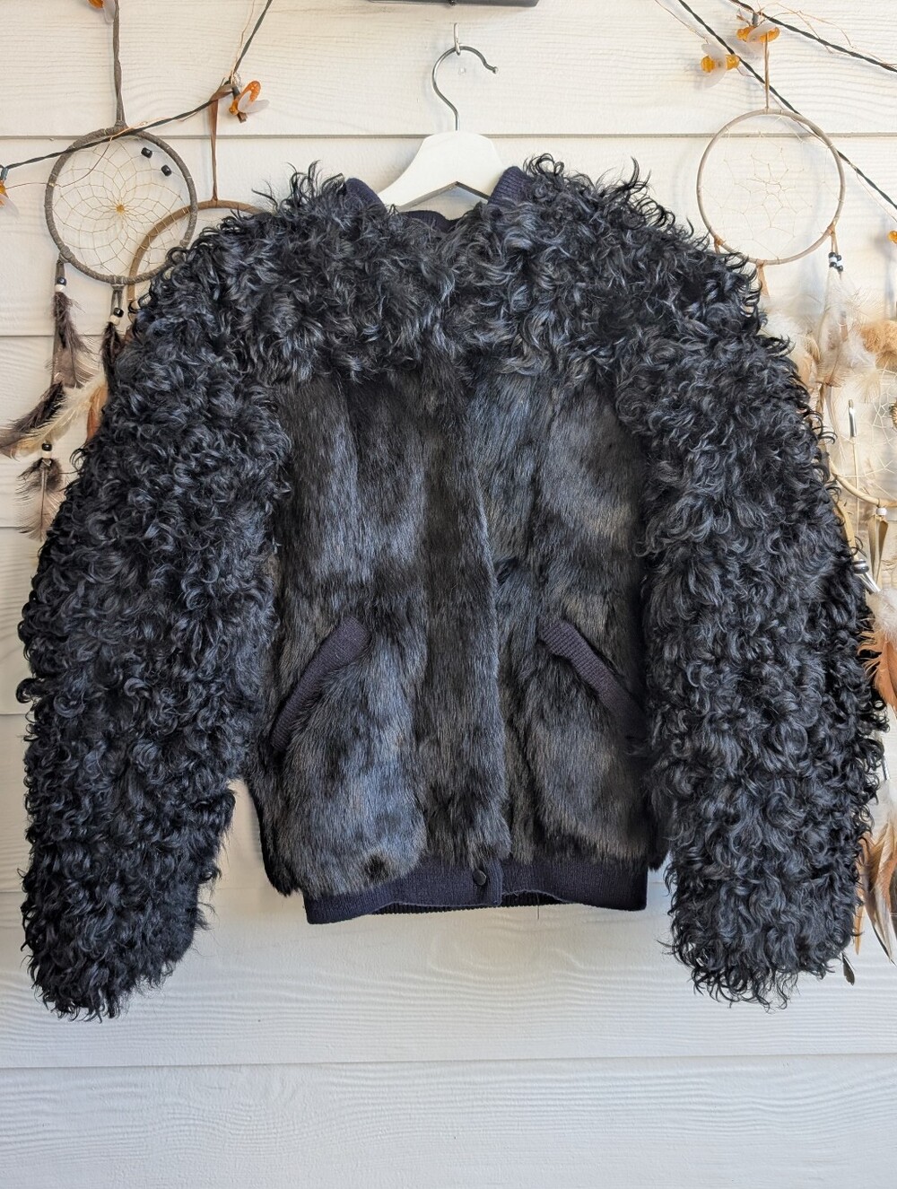 Vintage Niki Brand Shearling Fur Curly Rabbit Bomber Jacket - Black